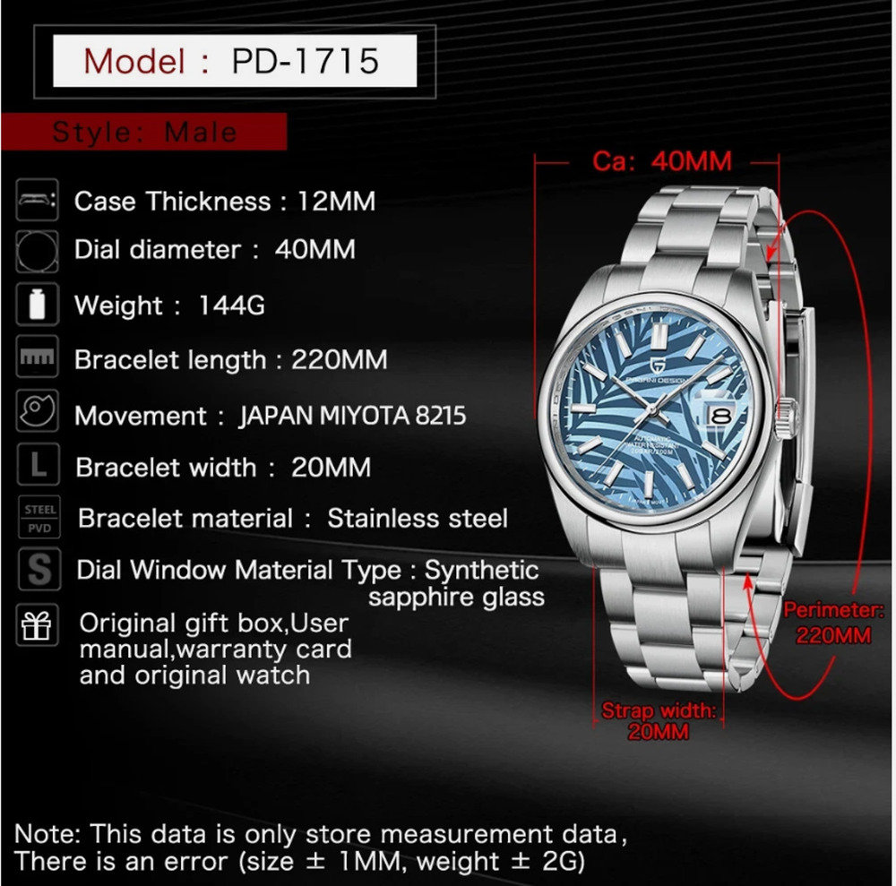 Pagani Design PD-1715 Mechanical Automatic Watch Sapphire Mirror MIYOTA8215